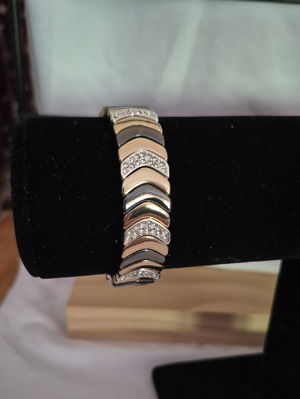 Tri-Tone Chevron Stretch Bracelet with Crystal Accents - Gold, Silver, Rose